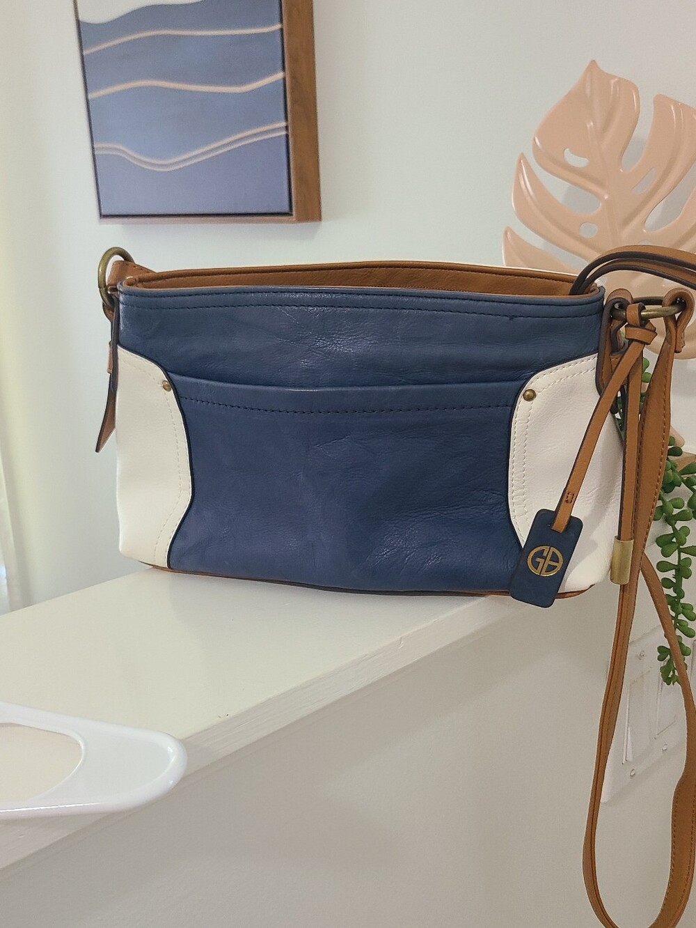 Giani Bernini Blue and White Leather Crossbody Bag with Tan Trim